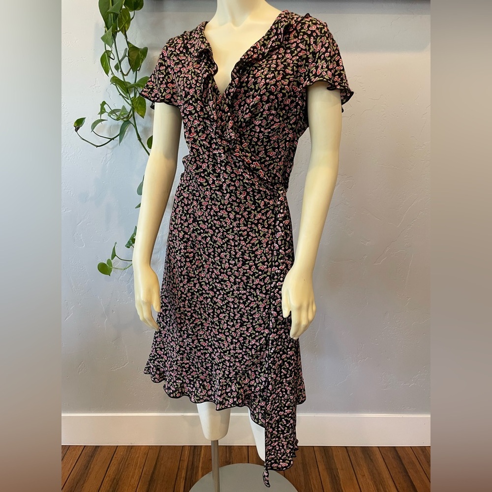 New Black cherry loco lindo 100% rayon cherry print Wrap Dress size 8